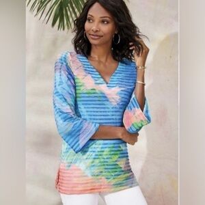 Soft Surroundings Color Study Tunic Top Size M 3/4 Sleeves Palm Tropical Beach
